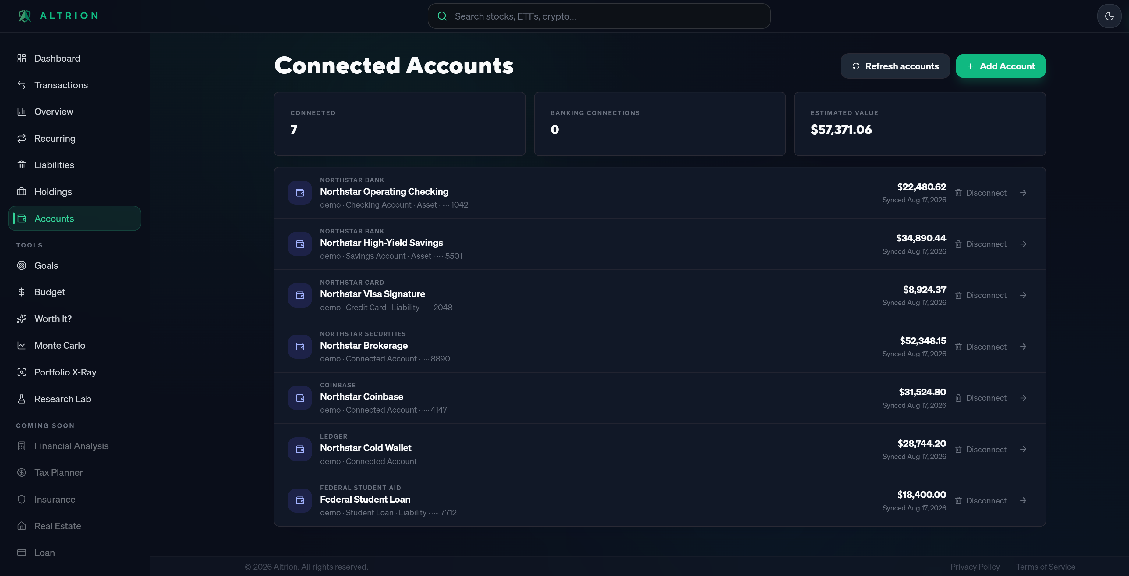 Altrion Connected Accounts screen showing banks, brokerage, crypto, and loan accounts linked in one place.