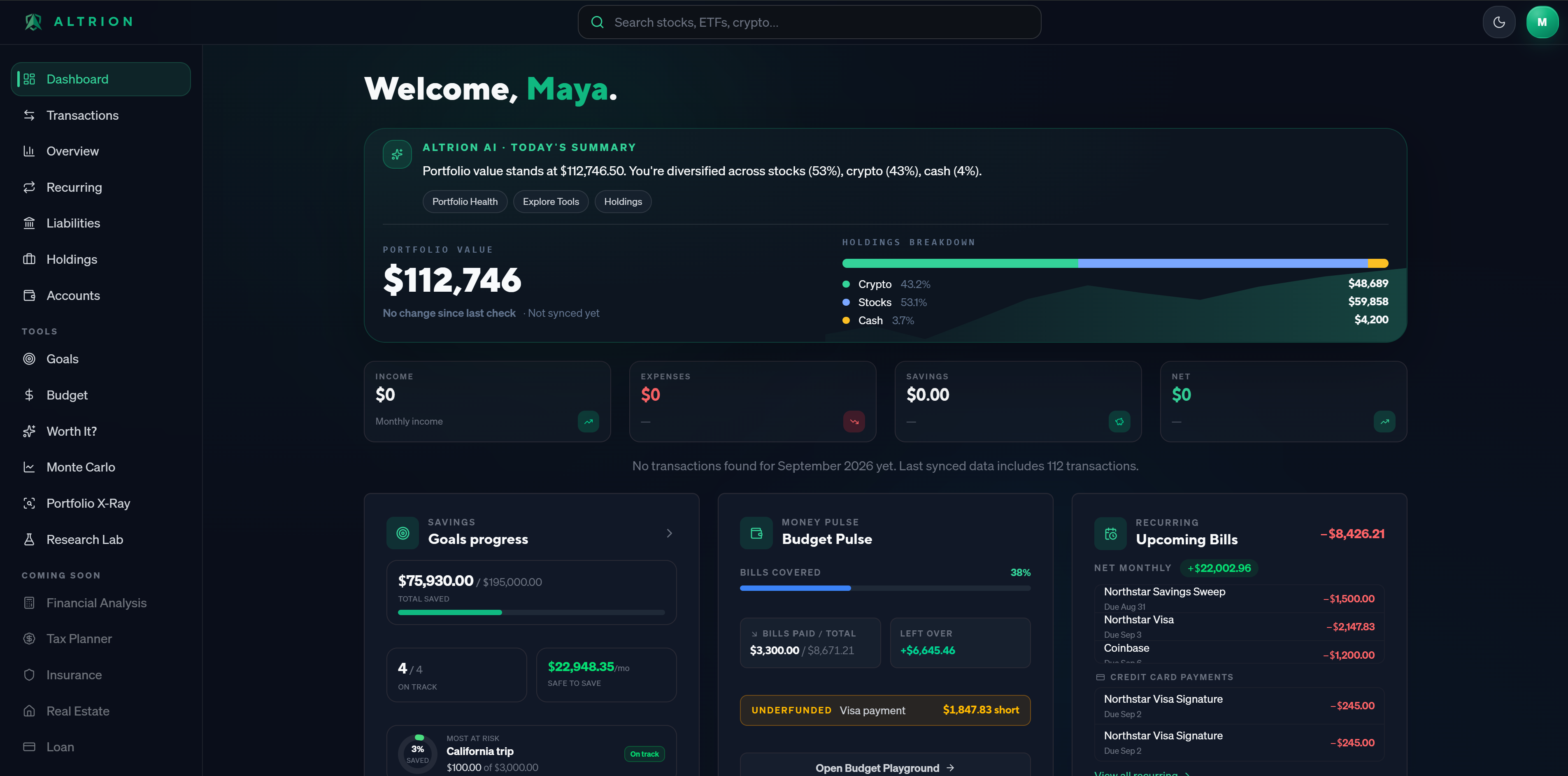 Altrion dashboard showing a $112,746 portfolio split across crypto, stocks, and cash in one unified view.